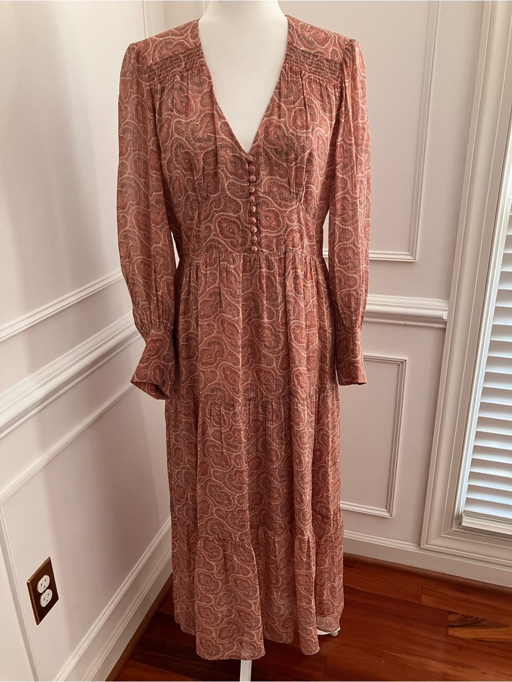 The Kooples Rust Paisley Silk Blend Long Sleeve Maxi Boho Dress